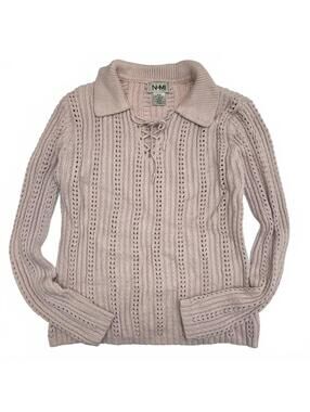 Vintage Nomi Light Pink Collared Lace Up Knit Sweater 100% Cotton Sz S Coquette